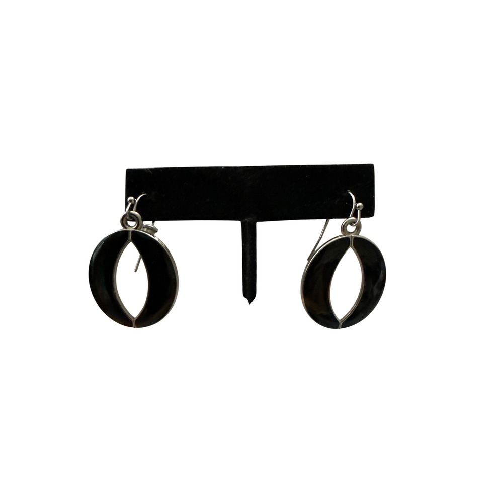 Vintage Modernist Black Enamel Silver Tone Geometric Open Circle Drop Earrings